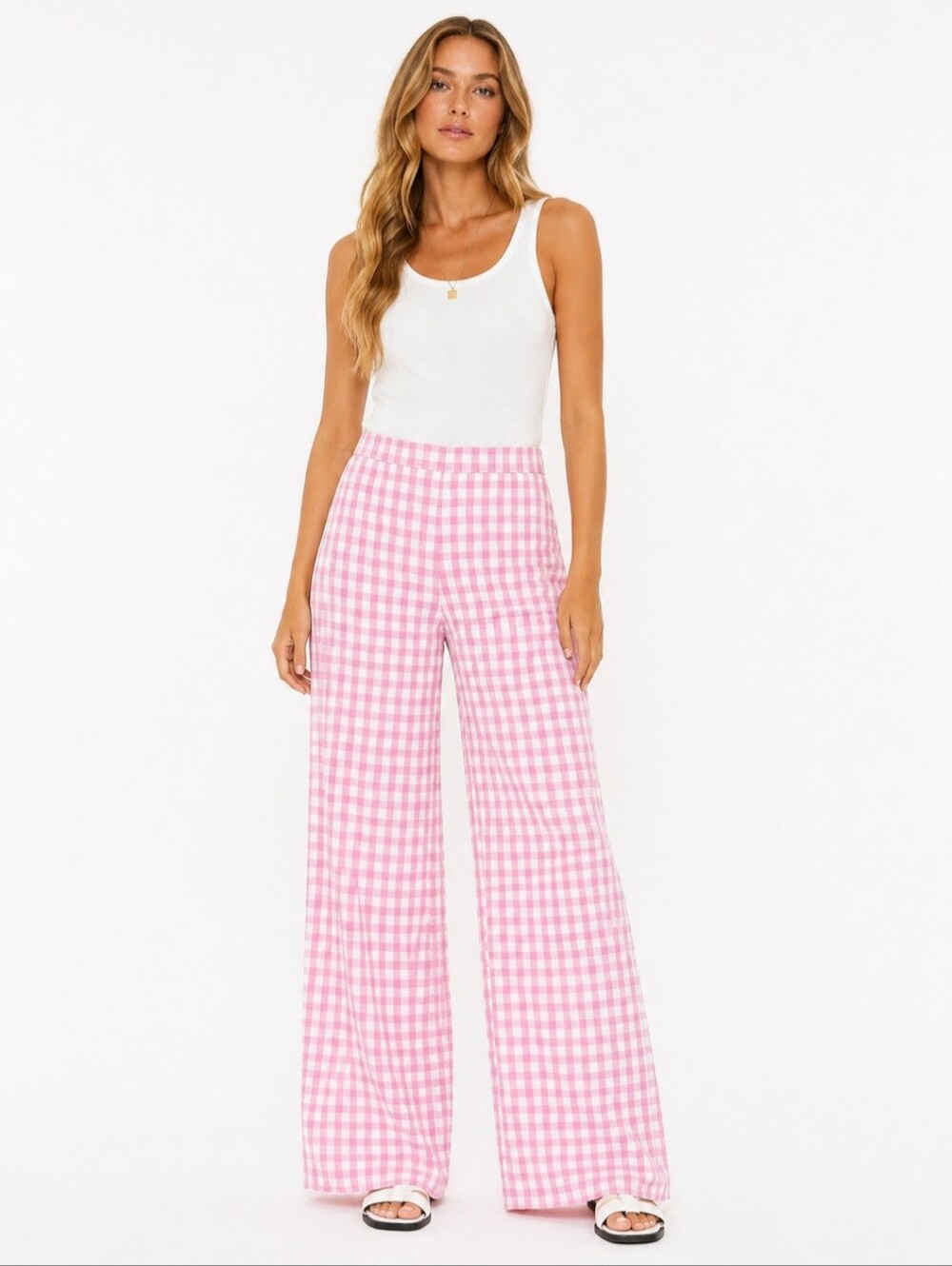 Zara Pink White Gingham Wide Leg Linen Blend Pants Women's Large